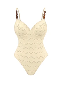 Swim Oasis 2pcs/Set Summer Vacation Sexy Tropical Underwire Backless Spaghetti Strap Women's One-Piece Swimsuit Square Scarf Long Dress Beach Party Beige - Beige - View 4