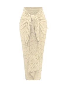 Swim Oasis 2pcs/Set Summer Vacation Sexy Tropical Underwire Backless Spaghetti Strap Women's One-Piece Swimsuit Square Scarf Long Dress Beach Party Beige - Beige - View 5