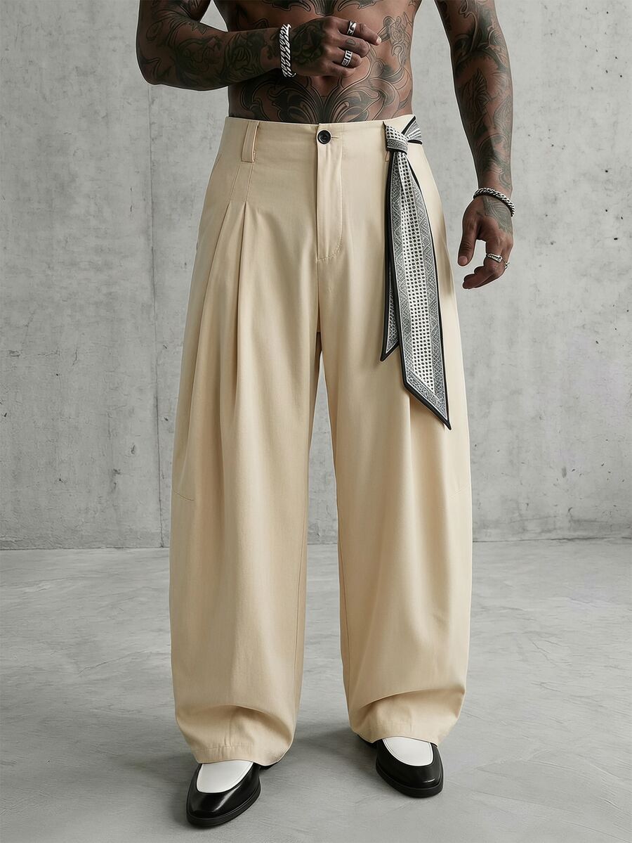AXEPEAK Men's Pleated Design Wide Leg Loose Fit Long Pants - Apricot - View 1