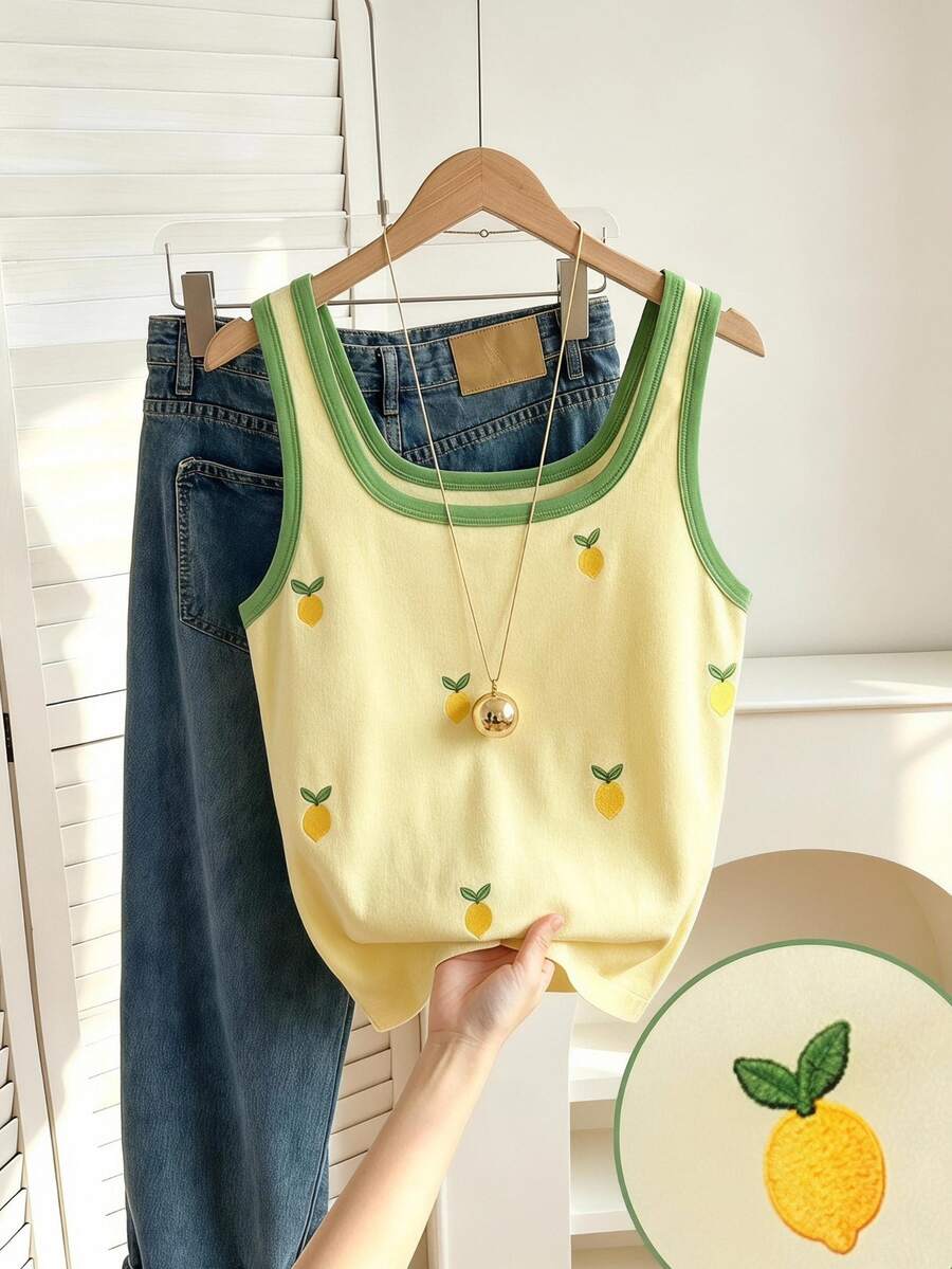 SHEIN Sparklyn 青少年女孩無袖上衣,淺黃色檸檬刺繡,夏季休閒可愛外出穿搭,Y2K風格徒步度假造型 - 彩色 - 查看 1