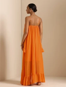 Orbivine Gaun Tanpa Lengan Model Cami Ukuran Plus Wanita Warna Oranye dengan Hem Bergelombang - Jeruk - View 2