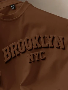 Manfinity Joysei Men's Casual Solid Color Brown Letter Embossed Short Sleeve T-Shirt, Summer - Brown - View 2
