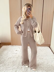 SHEIN EZwear 極簡時尚圓領直筒褲針織毛衣套裝 - 卡其色 - 查看 5