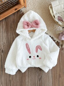 SHEIN 女嬰幼兒女童連帽套頭衫 可愛甜美 白色粉色 3D蝴蝶結兔兔毛絨 長袖 加厚 冬季 萬聖節 秋季 假日派對 可愛 - 白色 - 查看 1