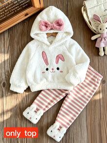 SHEIN 女嬰幼兒女童連帽套頭衫 可愛甜美 白色粉色 3D蝴蝶結兔兔毛絨 長袖 加厚 冬季 萬聖節 秋季 假日派對 可愛 - 白色 - 查看 6