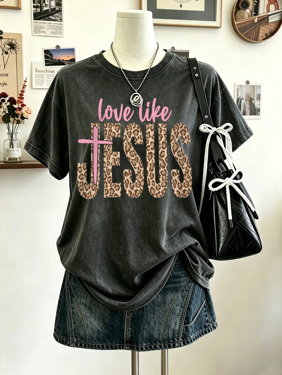 SHEIN LUNE Leopard Print Heart Christian T-Shirt, Zebra Print Preppy Faith-Inspired Shirt, Spring And Summer - Apricot - View 1