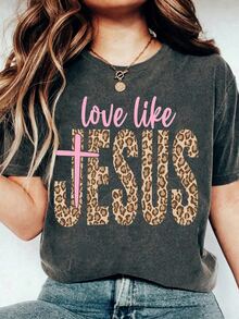 SHEIN LUNE Leopard Print Heart Christian T-Shirt, Zebra Print Preppy Faith-Inspired Shirt, Spring And Summer - Apricot - View 3