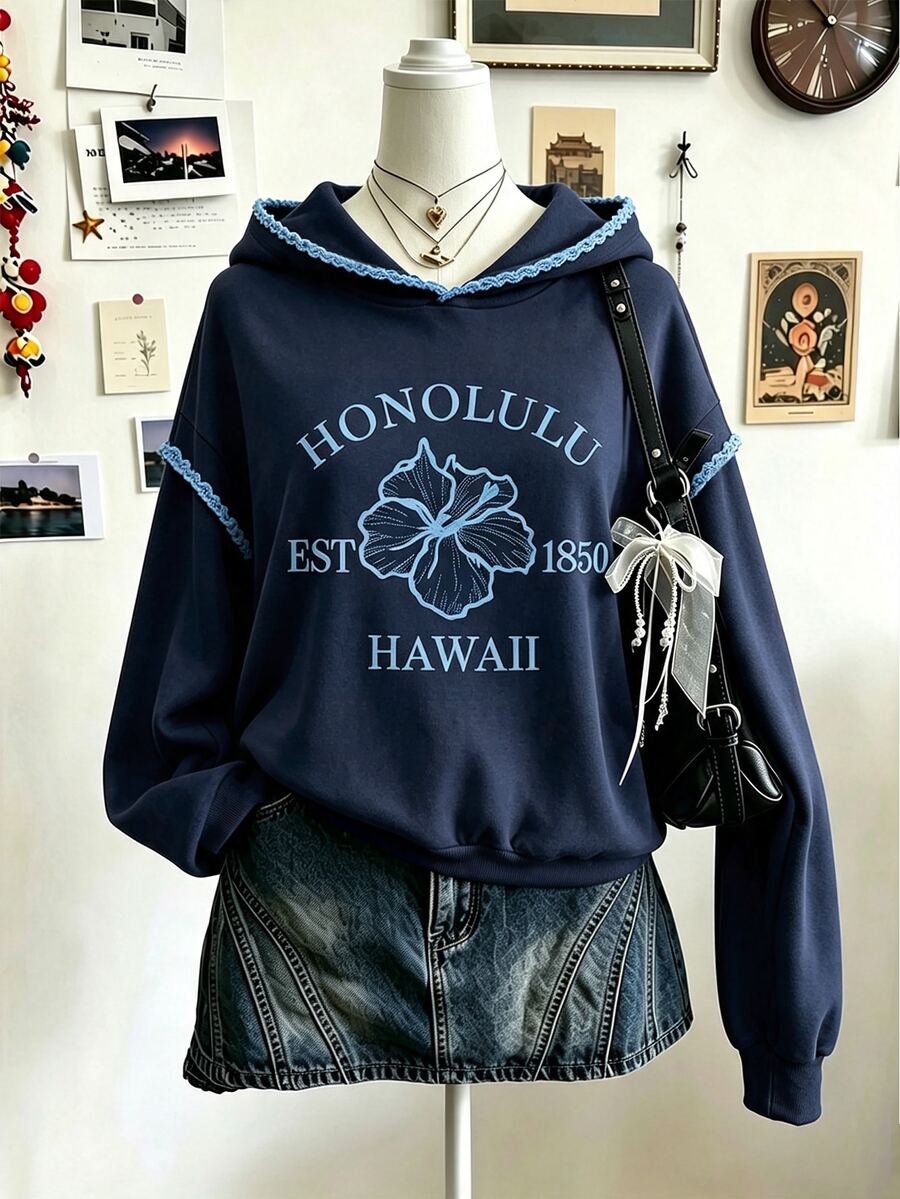 Lalippa 女款海軍藍花卉字母圖案長袖連帽衛衣，學院風秋季新款上衣，校園休閒穿搭，送給朋友的禮物 - 藍色 - 查看 1