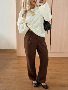 SHEIN EZwear 咖啡棕色燈芯絨百褶直筒長褲 女款 工作 校園 辦公室 秋季休閒 70年代風格 - 黑色 - 查看 6