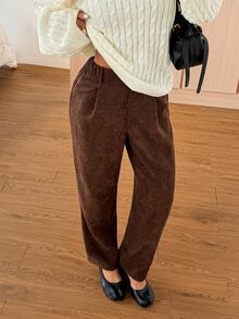 SHEIN EZwear 咖啡棕色燈芯絨百褶直筒長褲 女款 工作 校園 辦公室 秋季休閒 70年代風格 - 黑色 - 查看 5