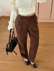 SHEIN EZwear 咖啡棕色燈芯絨百褶直筒長褲 女款 工作 校園 辦公室 秋季休閒 70年代風格 - 黑色 - 查看 8