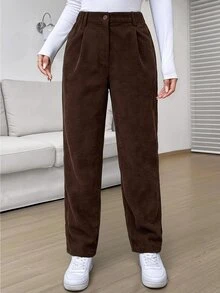 SHEIN EZwear 咖啡棕色燈芯絨百褶直筒長褲 女款 工作 校園 辦公室 秋季休閒 70年代風格 - 黑色 - 查看 1