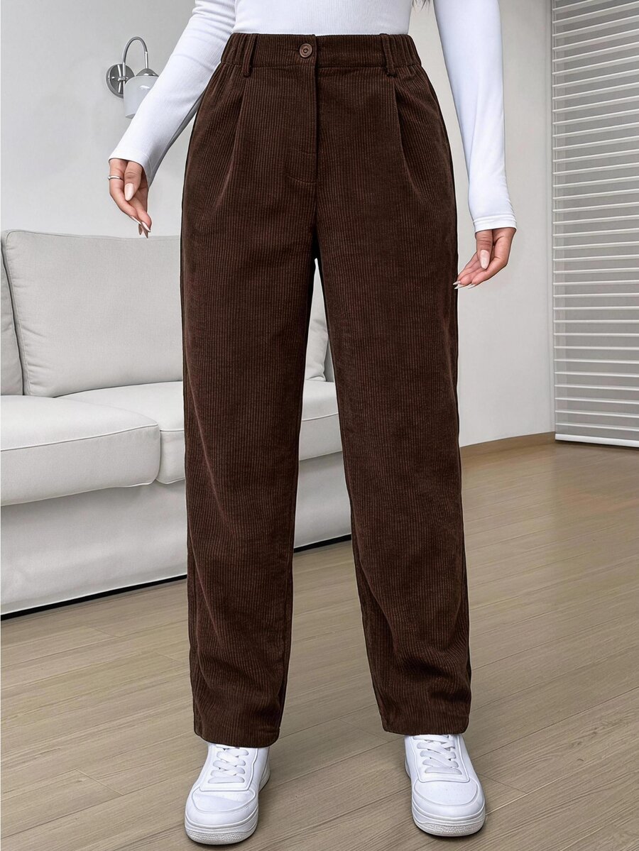 SHEIN EZwear 咖啡棕色燈芯絨百褶直筒長褲 女款 工作 校園 辦公室 秋季休閒 70年代風格 - 黑色 - 查看 1