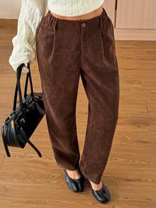 SHEIN EZwear 咖啡棕色燈芯絨百褶直筒長褲 女款 工作 校園 辦公室 秋季休閒 70年代風格 - 黑色 - 查看 7
