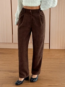 SHEIN EZwear 咖啡棕色燈芯絨百褶直筒長褲 女款 工作 校園 辦公室 秋季休閒 70年代風格 - 黑色 - 查看 9