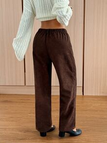 SHEIN EZwear 咖啡棕色燈芯絨百褶直筒長褲 女款 工作 校園 辦公室 秋季休閒 70年代風格 - 黑色 - 查看 2