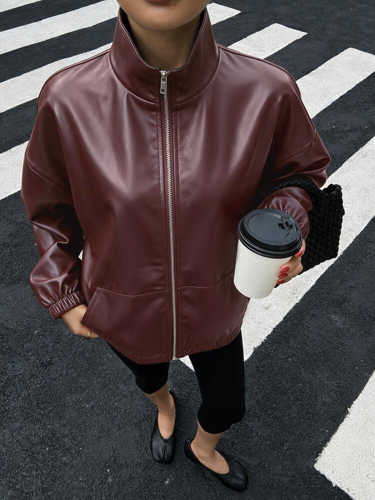 Muchica Women's Solid Color PU Leather Long Sleeve Zip-Up Casual Streetwear Streetstyle Jacket Going Out Night Out Night Out Club Nightout Dark Brown Autumn - Burgundy - View 4