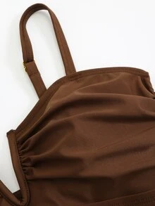 Swim Oasis Plus Size Brown Adjustable Spaghetti Strap V-Neck Ruched Waist Twist Knot Long Maxi Skirt Elegant Casual Beach Holiday Summer One-Piece Swimsuit Women - Brown - View 4