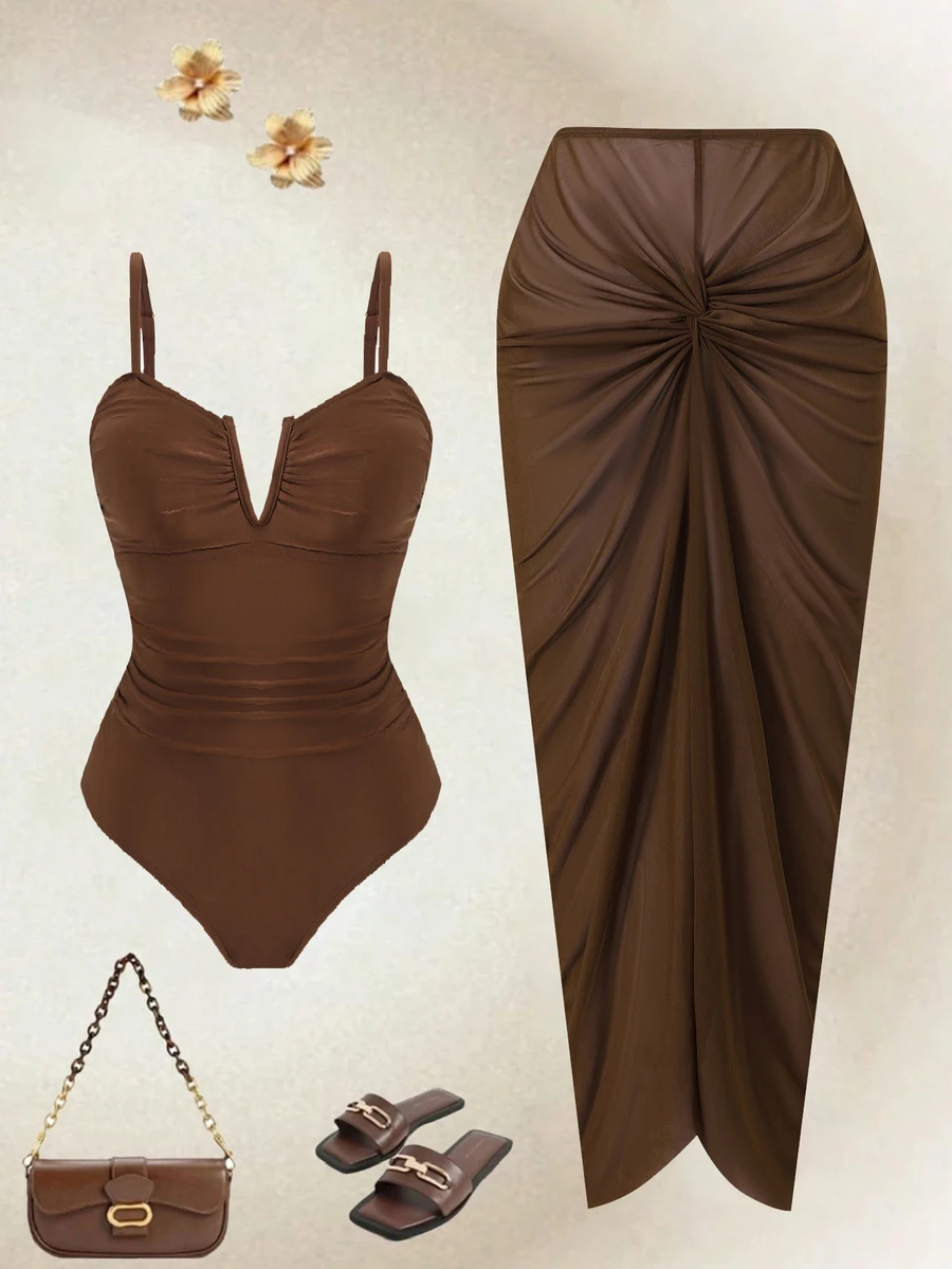 Swim Oasis Plus Size Brown Adjustable Spaghetti Strap V-Neck Ruched Waist Twist Knot Long Maxi Skirt Elegant Casual Beach Holiday Summer One-Piece Swimsuit Women