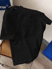 Manfinity Joysei Letter Print Crew Neck Solid Color Knit Short Sleeve T-Shirt - Black - View 3