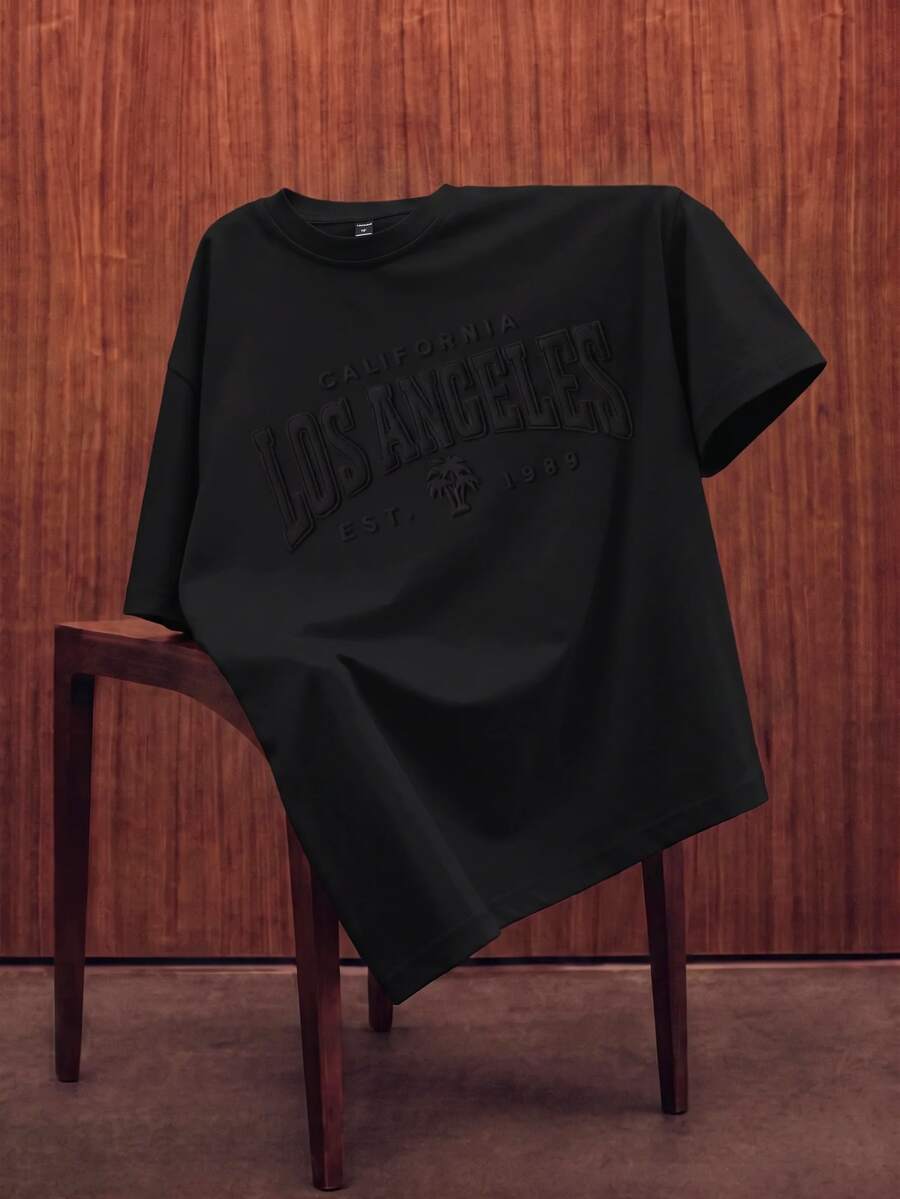 Manfinity Joysei Letter Print Crew Neck Solid Color Knit Short Sleeve T-Shirt - Black - View 1