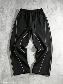 Sport MetroGents 男士抽繩腰拼色休閒百搭日常旅行運動長褲，健身房適用 - 黑色 - 查看 3