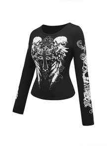 ROMWE Goth Plus Size Kpop Distressed Cross Wing Skull Symmetry Design T-Shirt - Black - View 2
