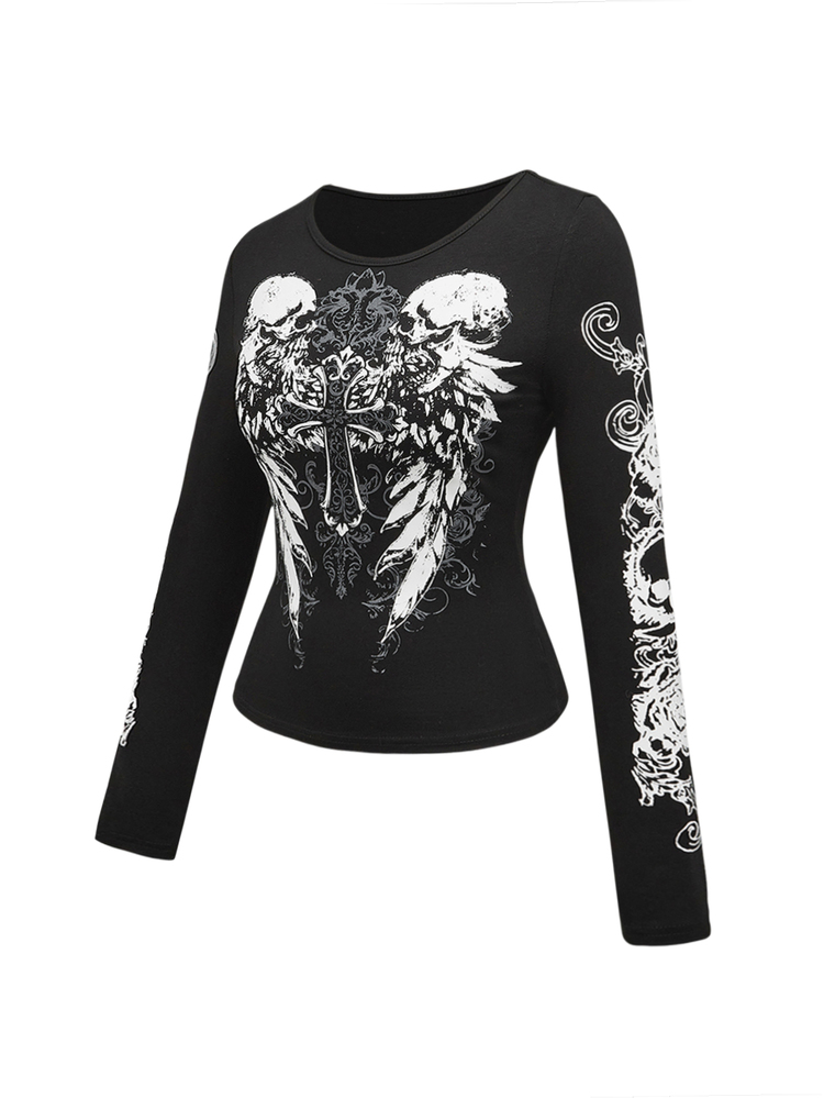 ROMWE Goth Plus Size Kpop Distressed Cross Wing Skull Symmetry Design T-Shirt - Black - View 2