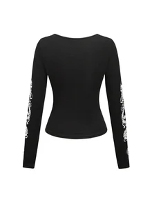 ROMWE Goth Plus Size Kpop Distressed Cross Wing Skull Symmetry Design T-Shirt - Black - View 3