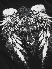 ROMWE Goth Plus Size Kpop Distressed Cross Wing Skull Symmetry Design T-Shirt - Black - View 4