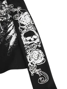 ROMWE Goth Plus Size Kpop Distressed Cross Wing Skull Symmetry Design T-Shirt - Black - View 5