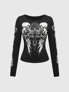 ROMWE Goth Plus Size Kpop Distressed Cross Wing Skull Symmetry Design T-Shirt - Black - View 1