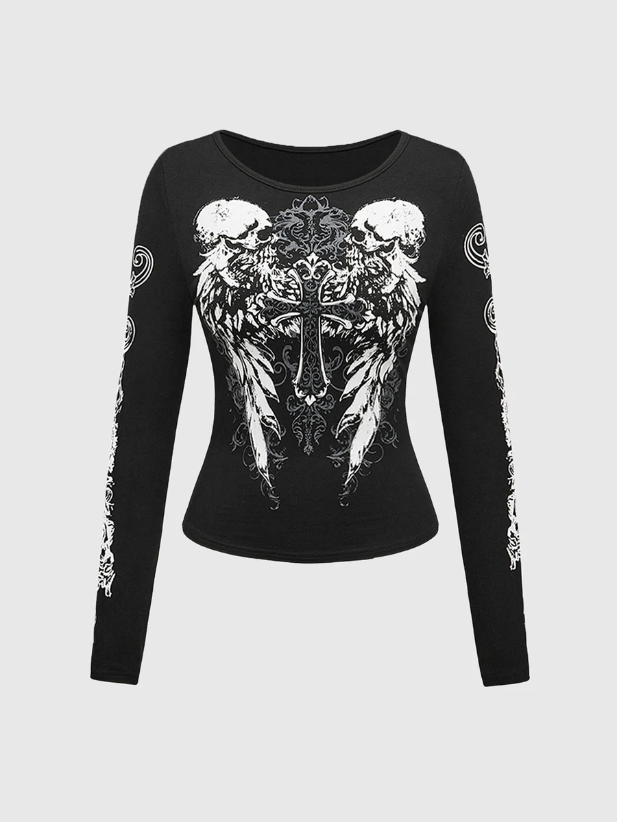 ROMWE Goth Plus Size Kpop Distressed Cross Wing Skull Symmetry Design T-Shirt - Black - View 1