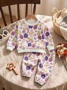 SHEIN Baby Girl Floral Print Autumn Winter Sweatshirt & Sweatpants - Multicolor - View 1