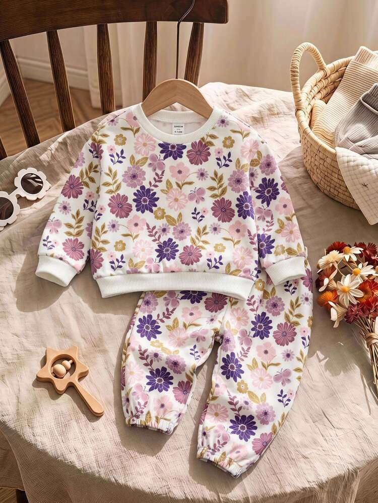 SHEIN Baby Girl Floral Print Autumn Winter Sweatshirt & Sweatpants - Multicolor - View 1