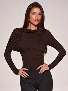 SHEIN BAE Damtopp i enfärgad brun stickad trikå med asymmetrisk rynkning, lång ärm, basic minimalistisk elegant, höst/vinter, lager-på-lager underplagg - Brun - Visa 5