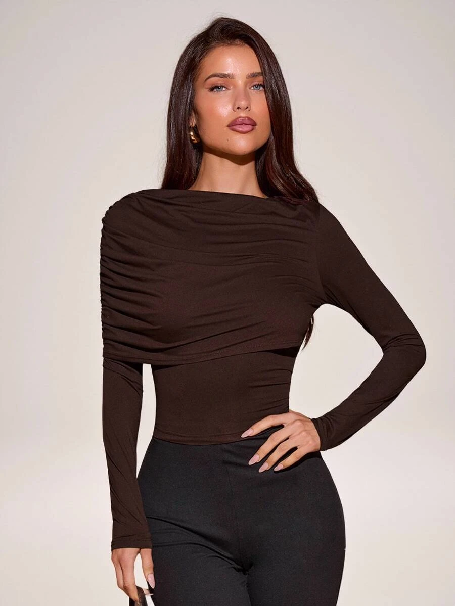 SHEIN BAE Damtopp i enfärgad brun stickad trikå med asymmetrisk rynkning, lång ärm, basic minimalistisk elegant, höst/vinter, lager-på-lager underplagg - Brun - Visa 1