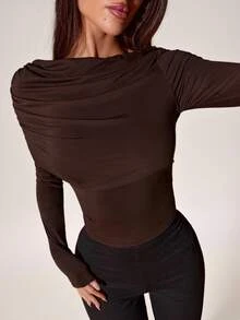 SHEIN BAE Damtopp i enfärgad brun stickad trikå med asymmetrisk rynkning, lång ärm, basic minimalistisk elegant, höst/vinter, lager-på-lager underplagg - Brun - Visa 7