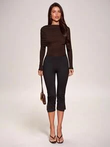 SHEIN BAE Damtopp i enfärgad brun stickad trikå med asymmetrisk rynkning, lång ärm, basic minimalistisk elegant, höst/vinter, lager-på-lager underplagg - Brun - Visa 4