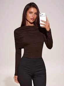 SHEIN BAE Damtopp i enfärgad brun stickad trikå med asymmetrisk rynkning, lång ärm, basic minimalistisk elegant, höst/vinter, lager-på-lager underplagg - Brun - Visa 6