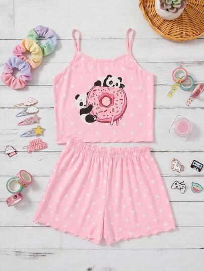 Cream White Pink, Sweet Cute Cat Animal Print, Tween Girl Casual Minimalist Fitted Cami Top Shorts Set, Home Sleeping