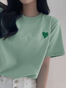 DAZY Women Embroidered Heart Pattern Contrast Color Round Neck T-Shirt Cute Tops Easter - Green - View 5
