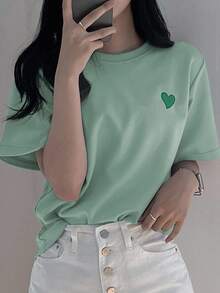 DAZY Women Embroidered Heart Pattern Contrast Color Round Neck T-Shirt Cute Tops Easter - Green - View 3