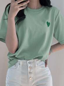 DAZY Women Embroidered Heart Pattern Contrast Color Round Neck T-Shirt Cute Tops Easter - Green - View 2
