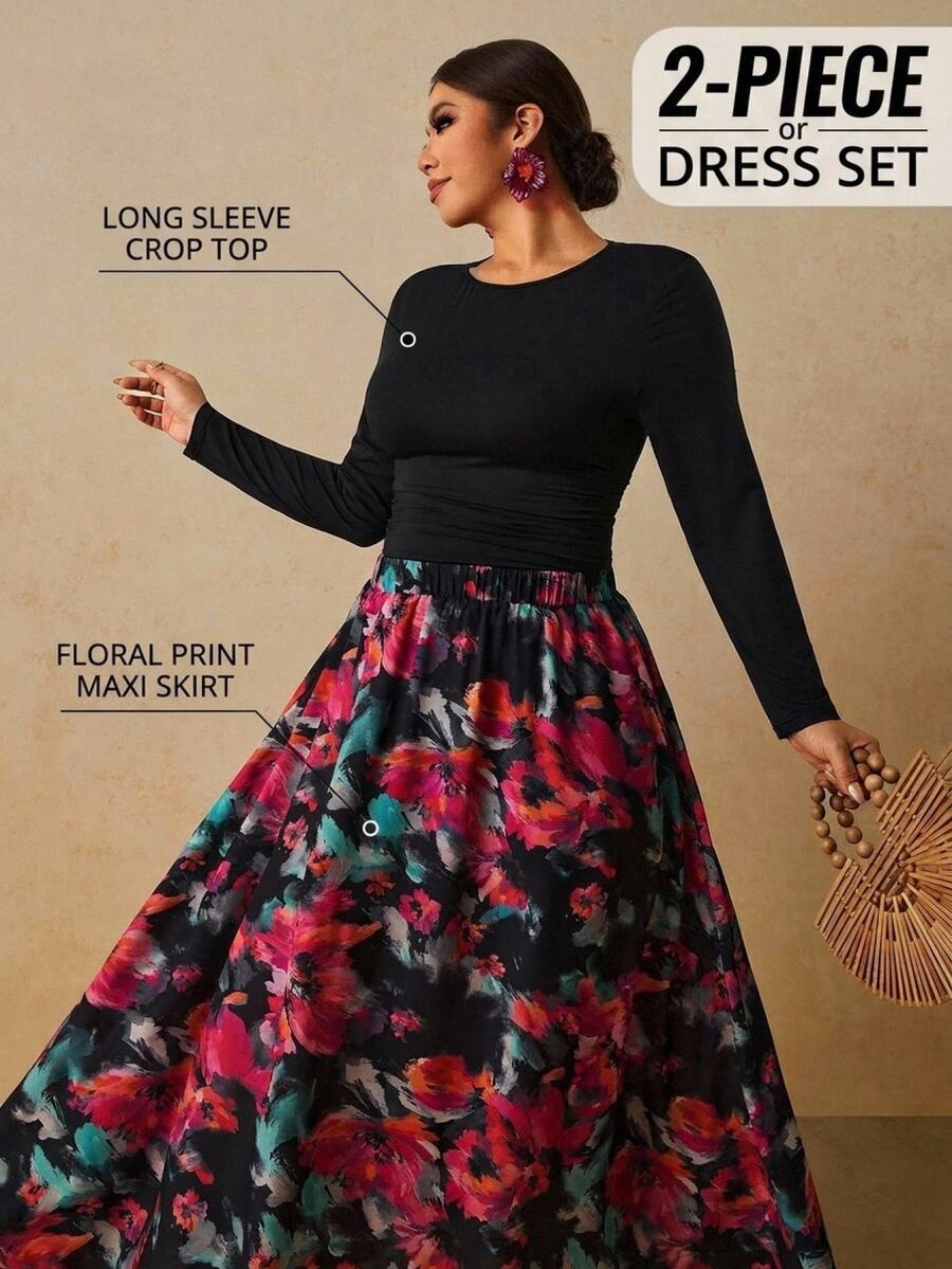Levarali CURVE+ Black Knit Long Sleeve Top Tropical Floral Print Maxi ...