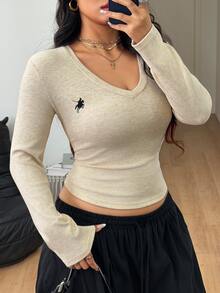 Coolane Women's Plus Size Fall Winter Streetwear Daily Wear Elegant Formal Going Out Comfortable Beige Warm Knit Stretchy V-Neck Long Sleeve T-Shirt - Beige - View 5
