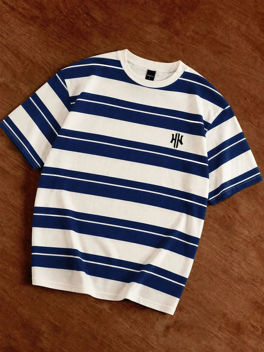 Manfinity Joysei Camiseta de manga corta y cuello redondo casual a rayas para hombres, versátil para uso diario - Azul - Ver 1