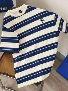 Manfinity Joysei Camiseta de manga corta y cuello redondo casual a rayas para hombres, versátil para uso diario - Azul - Ver 3