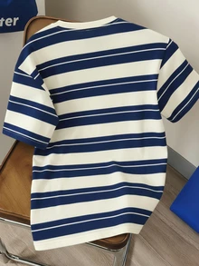 Manfinity Joysei Camiseta de manga corta y cuello redondo casual a rayas para hombres, versátil para uso diario - Azul - Ver 4