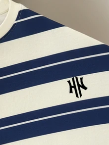 Manfinity Joysei Camiseta de manga corta y cuello redondo casual a rayas para hombres, versátil para uso diario - Azul - Ver 2